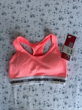 New Balance Bright Pink Ribbed Sports Bra with White Logo Band small nwt